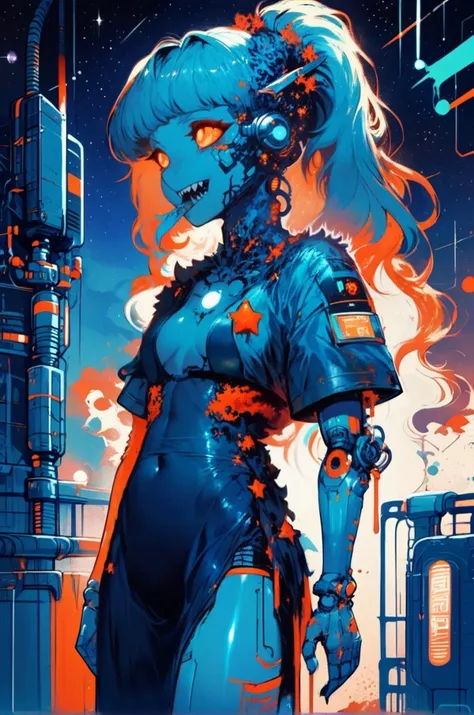 space-themed macabre style cybernetic style <lora:Counterfeit-V3.0 Style SDXL_LoRA_Pony Diffusion V6 XL:1>, one girl, , lush hair, hands covered in blood, crazy smile, sharp teeth, fluffy dress, blood on clothes, partially robot, dark colors, dark lighting, looking at the viewerr <lora:Desolation:0.3> <lora:Kenva:0.6> <lora:OverallDetail:1> <lora:D.I.D._Vaporwave_Visions:0.5> <lora:Neon_Splash_Art_for_Pony:1>, score_9, score_8_up, score_7_up . futuristic, technological, cybernetic enhancements, robotics, artificial intelligence themes . dark, gothic, grim, haunting, highly detailed . cosmic, celestial, stars, galaxies, nebulas, planets, science fiction, highly detailed
