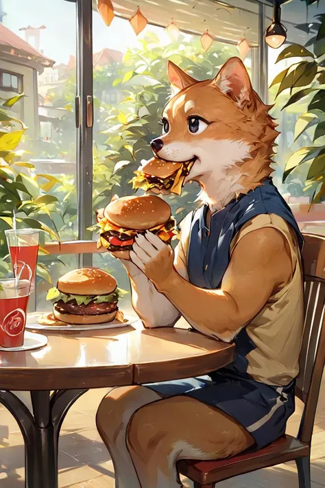 score_9, score_8_up, score_7_up, rating_safe, animal focus, animal, dog, shiba inu, food, food in mouth, holding, holding food, eating, burger, table, no hunams, sitting, on chair, chair, indoors, cafe <lora:MatureMaleMix v1.4 Style LoRA_Pony XL v6:1>