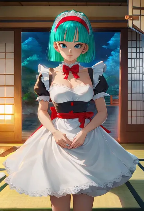 1girl, solo, dragon ball, blmmid, aqua hair, medium hair, blunt bangs, red hairband, medium breasts,maid outfit, indoors, expressiveh, masterpiece, detailed, decoration, beautiful japanese house, beautiful room, warm lightning, volumetric lightning, <lora:add-detail-xl:1> <lora:bulma_9:0.8> <lora:Expressive_H:0.8>  <lora:MixSummerSolstice Style SDXL_LoRA_Pony Diffusion V6 XL:0.7>