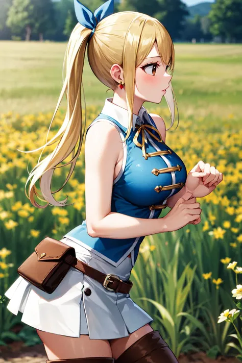 masterpiece, best quality, highres, lucy heartfilia, lucy heartfilia, 1girl, solo, blonde hair, brown eyes, long hair, side ponytail, hair ribbon, large breasts, earrings, thigh boots, blue shirt, sleeveless, white skirt, <lora:lucy_heartfilia_v1.1:0.7>, from side, field