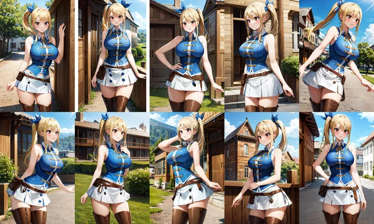 masterpiece, best quality, highres, lucy heartfilia, lucy heartfilia, 1girl, solo, blonde hair, brown eyes, long hair, side ponytail, hair ribbon, large breasts, earrings, thigh boots, blue shirt, sleeveless, white skirt, <lora:lucy_heartfilia_v1.1:0.7>, standing, outdoors, town, house, cowboy shot