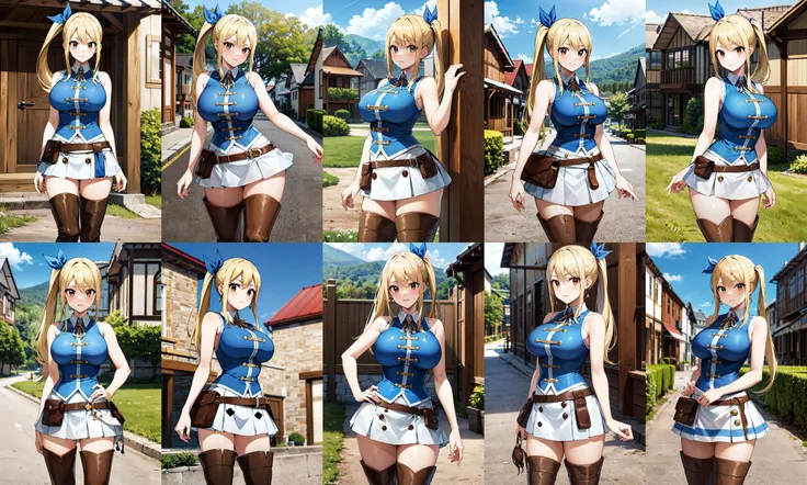 asterpiece, best quality, highres, lucy heartfilia, blonde hair, long hair, side ponytail, blue ribbon, large breasts, earrings, thigh boots, blue shirt, sleeveless shirt, white skirt, <lora:lucy_heartfilia_v11:0.7>, standing, outdoors, town, house, cowboy shot, looking at viewer,