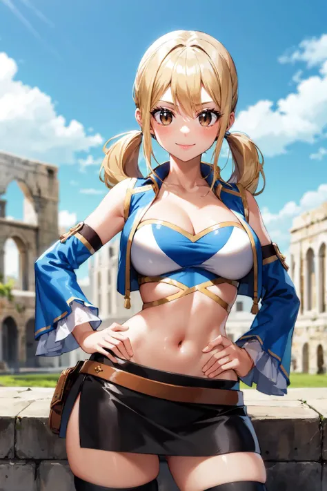 (((masterpiece))), (((best quality))), ((ultra-detailed)), (illustration), ((an extremely delicate and beautiful)), ((super detail)), ((high resolution)), (((20 years old))), metallic cloth, (maid), (super heroine), (android), delicate metal decorations, gleaming skin, shiny body, two legs, breast focus, (((tall))), slender legs, ((big round eyes)), cute eyes, drooping eyes, ((adult)), two hands, five fingers, no extra hands, elegant smile, braid, ((metallic blue)), (see-through), (dark blonde), ((ultra-huge breasts)), (shining brightly), outdoor, mini skirt, daytime, ((biopunk)), (hair shorter than shoulder), (medium length hair), gynoid, (midriff-baring outfit), garden,