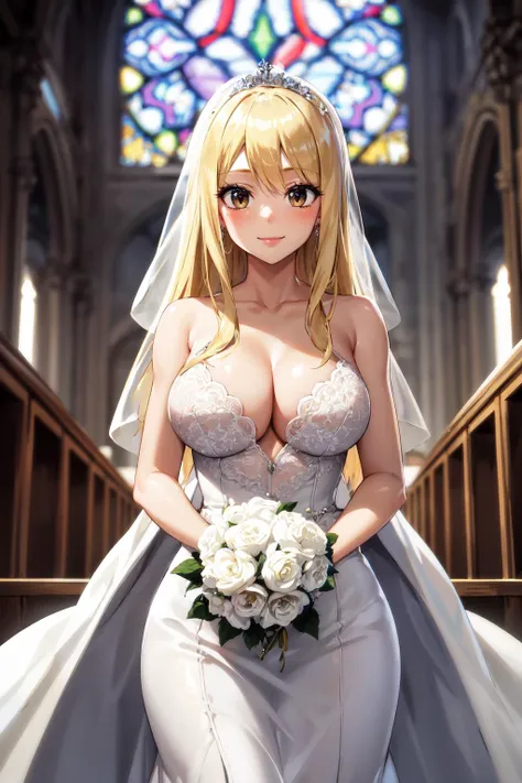 (masterpiece), (best quality), (beautiful eyes and face), (perfect female body), (shiny skin),
< <lora:lucy_heartfilia_v11:0.7>,
looking at viewer, cowboy shot,
1girl, solo, lucy heartfilia, blonde hair, long hair, brown eyes, hiar down,
large breasts,
smile,
wedding dress, bridal veil,
standing,
church, stained glass,