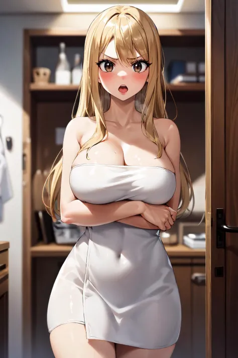 (masterpiece), (best quality), (beautiful eyes and face), (perfect female body), (shiny skin),
<lora:lucy_heartfilia_v11:0.7>,
looking at viewer, cowboy shot,
1girl, solo, lucy heartfilia, blonde hair, long hair, brown eyes, hair down,
large breasts,
blush, angry, open mouth,
<lora:naked_towel_v0.1:0.7>, naked towel,
standing,
dressing room,