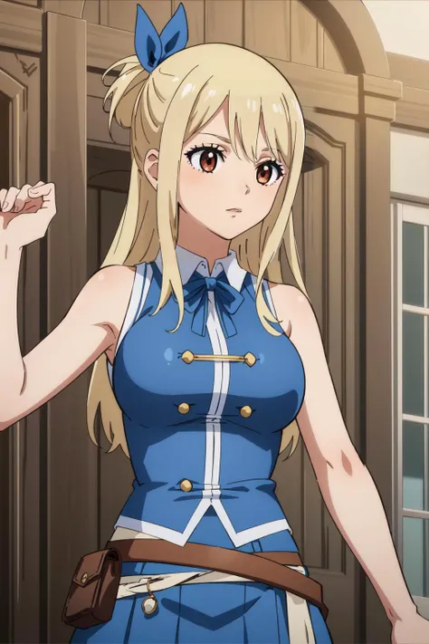 (masterpiece, best quality), intricate details, 
 <lora:lucy_heartfilia_v1.1:0.8> lucy heartfilia, 1girl, solo, blonde hair, brown eyes, long hair, hair ribbon, large breasts, white shirt, sleeveless, belt, blue skirt,