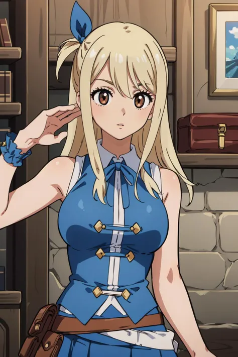 (masterpiece, best quality), intricate details, 
 <lora:lucy_heartfilia_v1.1:0.8> lucy heartfilia, 1girl, solo, blonde hair, brown eyes, long hair, hair ribbon, large breasts, white shirt, sleeveless, belt, blue skirt,