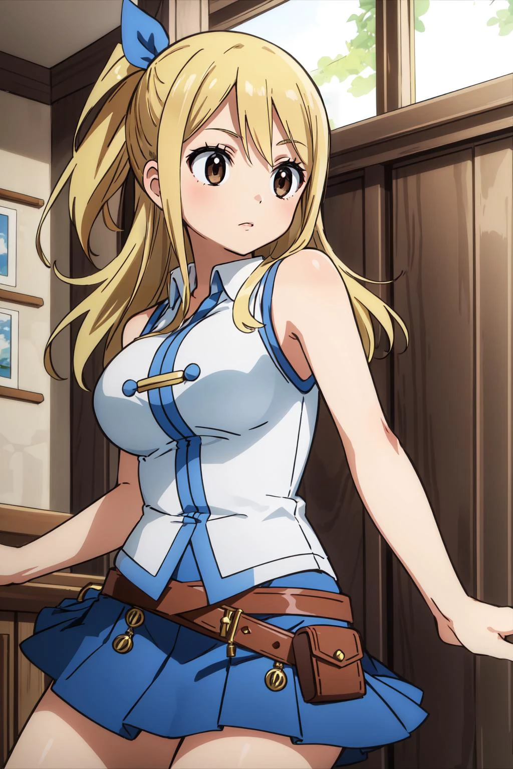 (masterpiece, best quality), intricate details,
<lora:lucy_heartfilia_v1.1:0.8> lucy heartfilia, 1girl, solo, blonde hair, brown eyes, long hair, hair ribbon, large breasts, white shirt, sleeveless, belt, blue skirt,