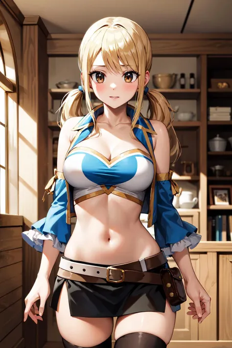 masterpiece, best quality, highres, lucy heartfilia, blonde hair, twintails, large breasts, black thighhighs, detached sleeves, midriff, cropped vest, strapless, belt, black skirt, <lora:lucy_heartfilia_v11:0.7>,  cowboy shot, indoors, standing,