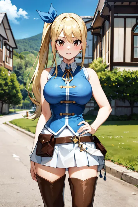 asterpiece, best quality, highres, lucy heartfilia, blonde hair, long hair, side ponytail, blue ribbon, large breasts, earrings, thigh boots, blue shirt, sleeveless shirt, white skirt, <lora:lucy_heartfilia_v11:0.7>, standing, outdoors, town, house, cowboy shot, looking at viewer,