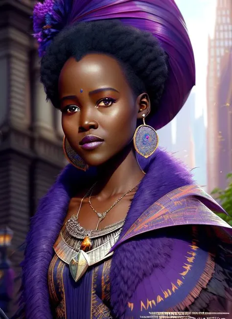 (extremely detailed),( octane render 8k wallpaper),(masterpiece), (best quality), (face portrait of:1.4) (an old african (female:1.11) witch), Lupita Nyong'o:1.21, city street, fantasy empire, Style-Glorious, crowd, lots of plants, purple flag, godrays warm colors, hyperrealistic, , detailed background, ultra detailed by greg rutkowski