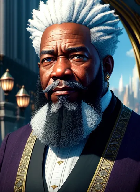 (extremely detailed CG unity 8k wallpaper),(masterpiece), (best quality), (face portrait of:1.4) an old african wizard bald with white and grey short beard (high detailed realistic african beard), Morgan Freeman:1.21, city street, fantasy empire, Style-Glorious, crowd, lots of plants, purple flags, godrays warm colors, hyperrealistic, , detailed background, ultra detailed by greg rutkowski KSM-style