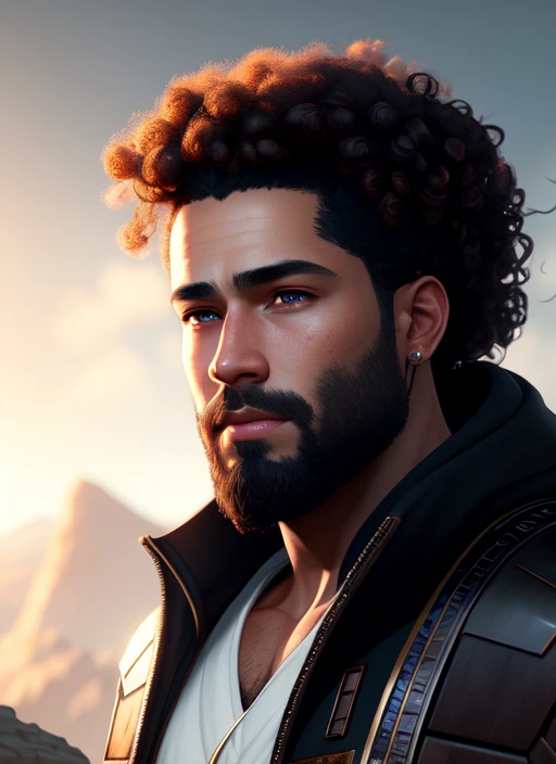 (extremely detailed CG unity 8k wallpaper),(masterpiece), (best quality), (face portrait of:1.4) beautiful, strong, mixed race, curly hair, beard, (((male))), face, head shot, fantasy, highly detailed, digital painting, artstation, concept art, smooth, sharp focus, illustration, art by artgerm and greg rutkowski and alphonse mucha, photorealistic, octane render, 8k, unreal engine, hyperrealistic, , detailed background, ultra detailed by greg rutkowski