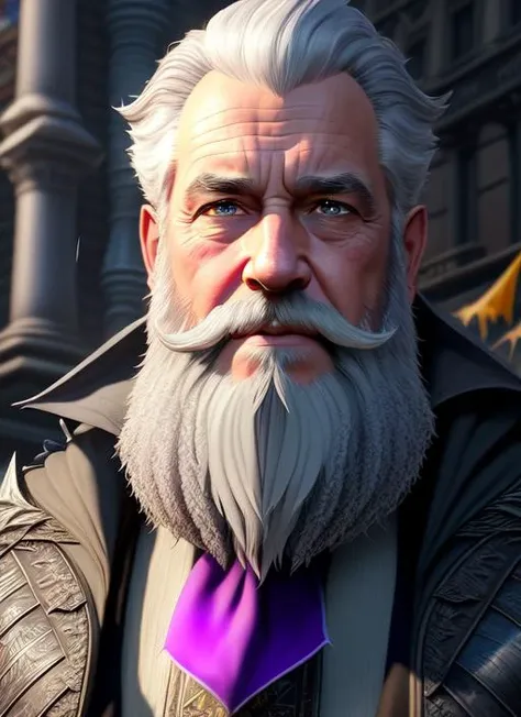 (extremely detailed CG unity 8k wallpaper),(masterpiece), (best quality), (face portrait of:1.4) an old wizard with grey beard (high detailed realistic beard), city street, fantasy empire, Style-Glorious, crowd, lots of plants, purple flags, godrays warm colors, hyperrealistic, , detailed background, ultra detailed by greg rutkowski
