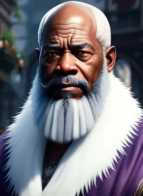 (extremely detailed CG unity 8k wallpaper),(masterpiece), (best quality), (face portrait of:1.4) an old african wizard bald with white and grey short beard (high detailed realistic african beard), Morgan Freeman:1.21, city street, fantasy empire, Style-Glorious, crowd, lots of plants, purple flags, godrays warm colors, hyperrealistic, , detailed background, ultra detailed by greg rutkowski KSM-style