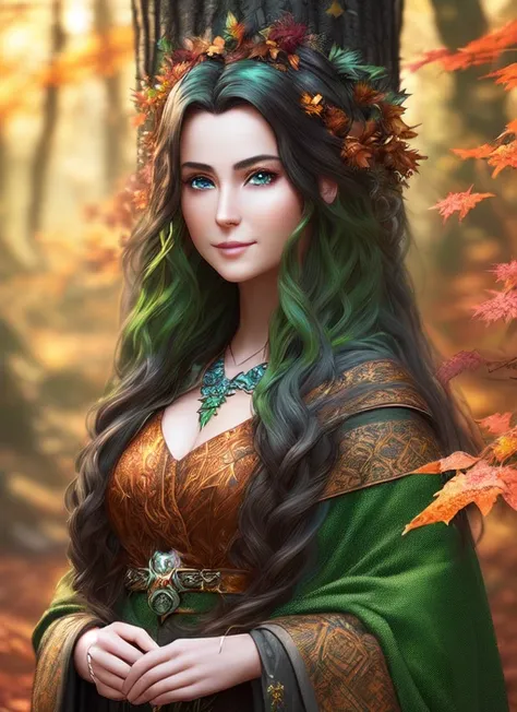 (masterpiece:1.2), (high detailed),(digital art), (8k), (unreal engine 5),(cg wallpaper), (volumetric ligh), (a closeup of (a wise and powerful druid from the remote forests of the realm. Standing at 5'9 with long, flowing hair the color of autumn leaves, Lyra is a striking presence), (piercing green eyes seem to see right through you),( serious demeanor is only broken by the occasional hint of a mischievous smile).( deeply connected to the natural world). (trending on artgerm:1.2)