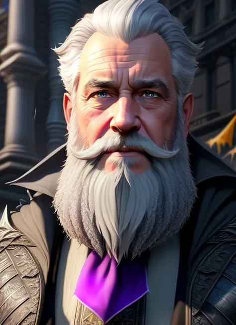 (extremely detailed CG unity 8k wallpaper),(masterpiece), (best quality), (face portrait of:1.4) an old wizard with grey beard (high detailed realistic beard), city street, fantasy empire, Style-Glorious, crowd, lots of plants, purple flags, godrays warm colors, hyperrealistic, , detailed background, ultra detailed by greg rutkowski