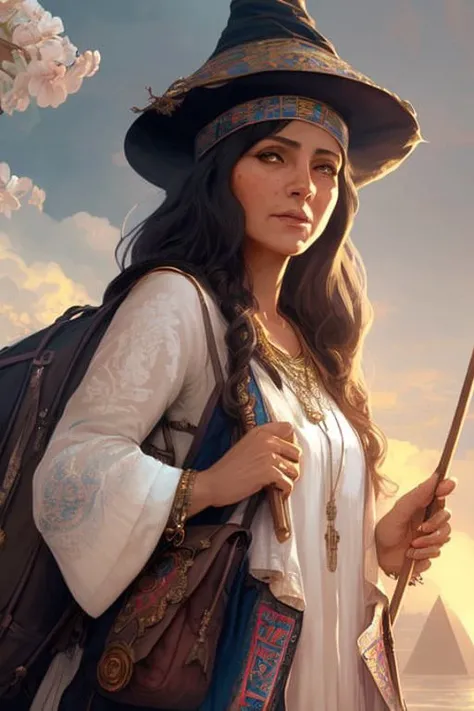 (Extreme Painting:1) of (Illustration:1.3), (extremely detailed),( octane render 8k wallpaper),(masterpiece), (best quality), (face portrait of:1.4) (an old egyptian(female:1.11) cleric),flushed face, witch hat, wooden staff, rosary, (Vivid Colors:1.3), bag, long hair, backpack, lighthouse, detailed background, flowers, cute (1girl:1.40),(((Ripped clothes:1.3))) (an extremely delicate and beautiful, finely detail, hyperrealistic,, detailed background, ultra detailed by greg rutkowski, (by Artist Alphonse Mucha:1.1),(by Artist Greg Rutkowski:1.1),(by Artist Anna Dittman:0.95),(attractive:1.3),lighting,thematic background