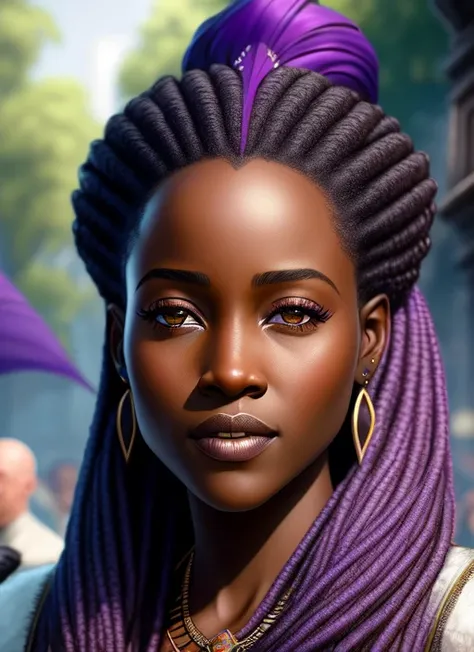 (extremely detailed),( octane render 8k wallpaper),(masterpiece), (best quality), (face portrait of:1.4) (female:1,11)an old african bald:1.05 witch with white and grey dreadlock beard (high detailed realistic african dreadlock beard), Lupita Nyong'o:1.21, city street, fantasy empire, Style-Glorious, crowd, lots of plants, purple flag, godrays warm colors, hyperrealistic, , detailed background, ultra detailed by greg rutkowski