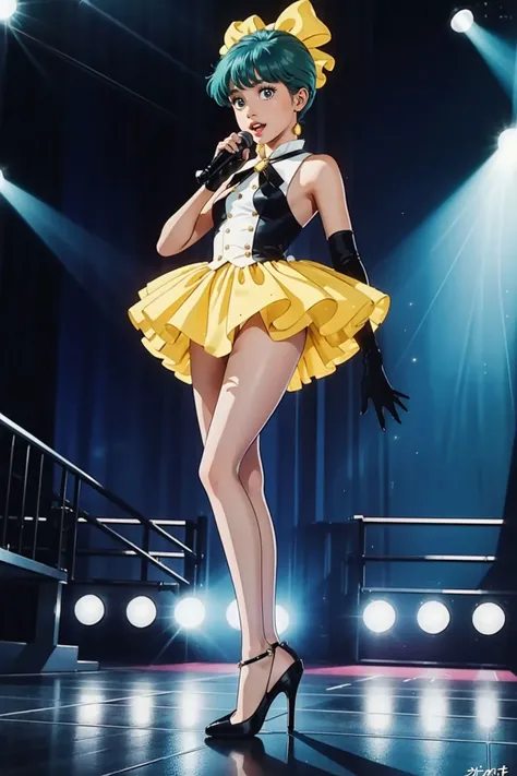 (best quality,masterpiece),1girl is Emi, singing,holding microphone, from below, stage, <lora:emiV1:0.7>, elegant shoes,high heels