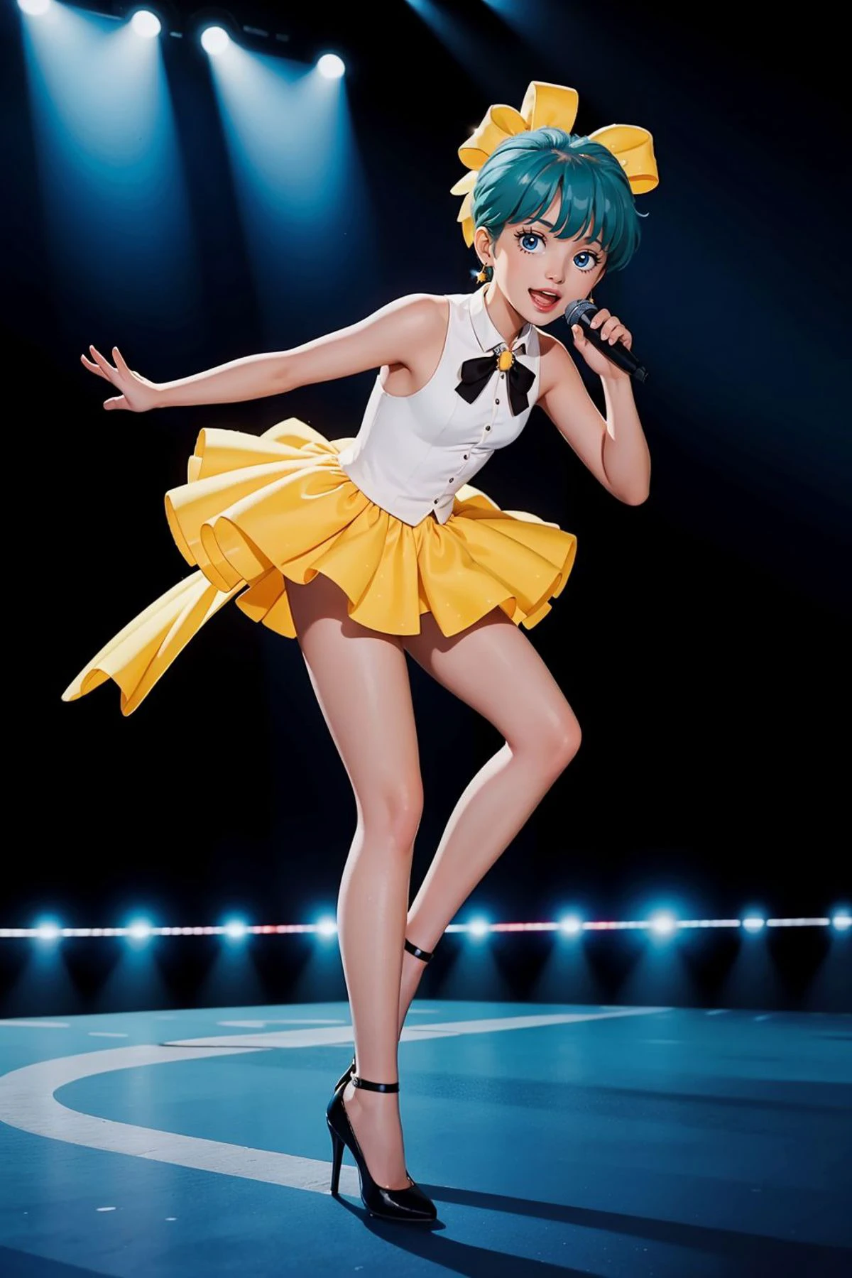 (best quality,masterpiece),1girl is Emi, singing,dancing,holding microphone, from below, stage, <lora:emiV1:0.7>, elegant shoes,high heels,audience