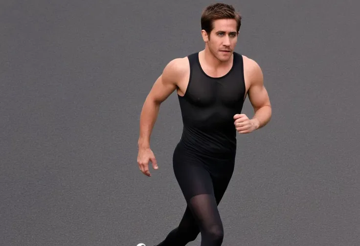Homoerotic full body photograph of jake gyllenhaal a man <lora:jake-gyllenhaal:1>, <lora:SMUXL_alpha_single:1>, smusmu, black sheer see-through tights, marathon running in street, full body, HDR, high quality, chest,