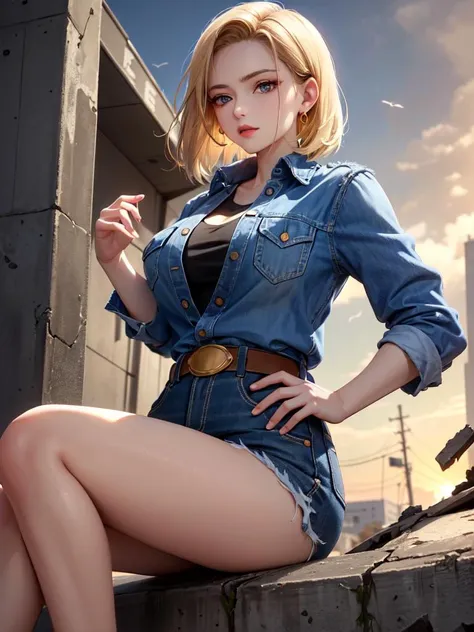 Hyper detailed image, UHD, 16k, professional photo, (Realistic photo of Android-18 From Dragon Ball Z) girl Goddess of beauty, very straight short blonde hair, serious face expression, ((she wears a blue denim jacket and a cropped white shirt, short white underground showing the flesh of the breast)), erotic, open denim jacket showing her impressive, beautiful and perfect big breasts, sagging natural breasts, (breasts, ultra giant pointed long breasts sticking out of the jacket), big skinny, full body with curves, pert ass, she wears a belt and a (((blue denim skirt lifted up showing micro panties stuck in her pussy, bubian hair showing))), brown boots, perfect hands and fingers,
  android 18, sexy saiyan girl, she releases blasts of power, ki, Official Art, Android-18 Sexy female, official character art, sexy female protagonist, curved body, thin and fit, legs open, harangued :8, Akiri Toriyama, Director: Akira Toriyama, Bulma from Dragon Ball, Best Anime Character Design, Style Akira Toriyama, beautiful single character, semi-nude, (great lighting)