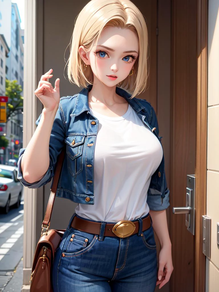 (masterpiece, best quality),android18,earrings,denim,belt,<lora:android_18:0.8>,<lora:GoodHands-vanilla:1>,large breasts,