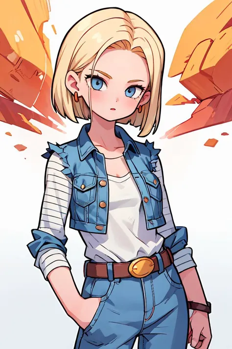 (masterpiece, best quality), 1girl, beautiful face, beautiful body,  <lora:android_18:1> android18, earrings, denim, belt