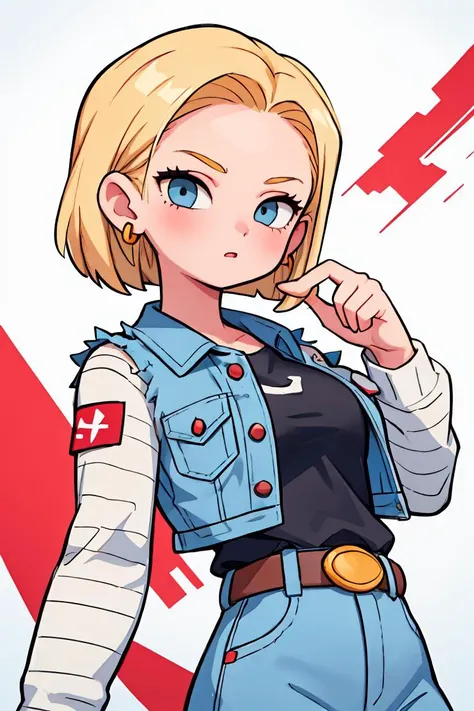 (masterpiece, best quality), 1girl, beautiful face, beautiful body, <lora:android_18:1> android18, earrings, denim, belt
