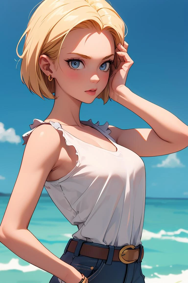 (masterpiece, best quality), 1girl, beautiful face, beautiful body, <lora:android_18:1> android18, earrings, denim, belt