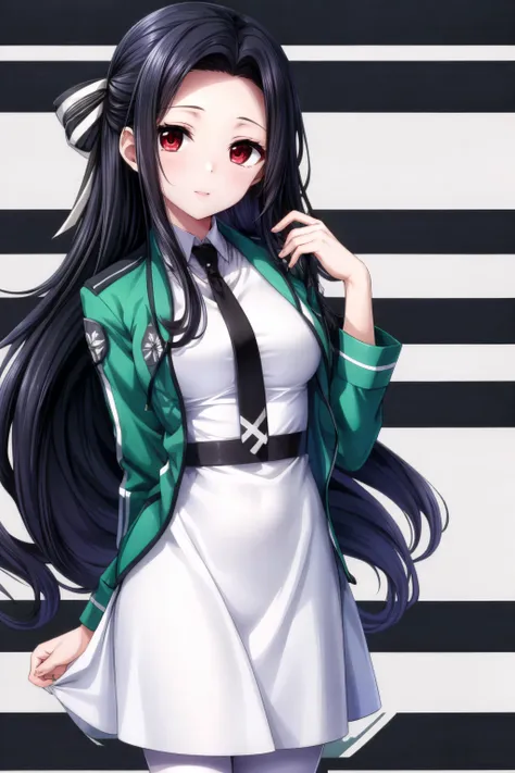 (masterpiece, best quality), <lora:Mayumi Saegusa-lora-Faxtron:0.8> mayumi saegusa, red eyes, black hair, long hair, medium breasts, striped ribbon, cropped green jacket, long sleeves, white dress, black necktie, pantyhose, standing, 
 <lora:add_detail:0.8>