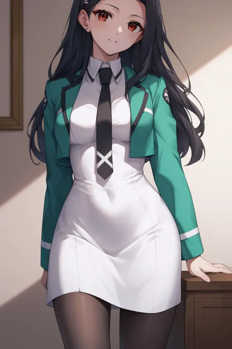 score_9, score_8_up, score_7_up, BREAK source_anime, <lora:Mayumi Saegusa-PonyXL-lora-Faxtron:0.8> mayumi saegusa, long hair, medium breasts, cropped green jacket, long sleeves, white dress, black necktie, pantyhose,