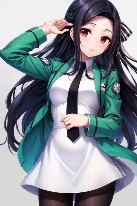 (masterpiece, best quality), <lora:Mayumi Saegusa-lora-Faxtron:0.8> mayumi saegusa, red eyes, black hair, long hair, medium breasts, striped ribbon, cropped green jacket, long sleeves, white dress, black necktie, pantyhose, standing, 
 <lora:add_detail:0.8>