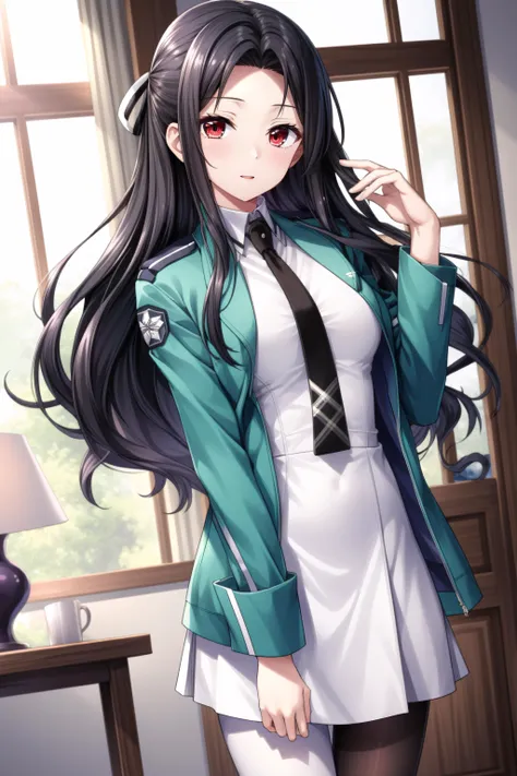 (masterpiece, best quality), <lora:Mayumi Saegusa-lora-Faxtron:0.8> mayumi saegusa, red eyes, black hair, long hair, medium breasts, striped ribbon, cropped green jacket, long sleeves, white dress, black necktie, pantyhose, standing, 
 <lora:add_detail:0.8>