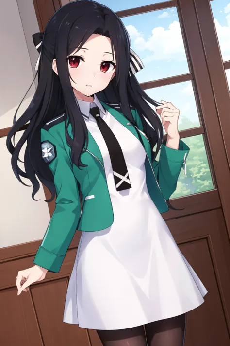 (masterpiece, best quality), <lora:Mayumi Saegusa-lora-Faxtron:0.8> mayumi saegusa, red eyes, black hair, long hair, medium breasts, striped ribbon, cropped green jacket, long sleeves, white dress, black necktie, pantyhose, standing,