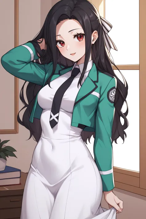 score_9, score_8_up, score_7_up, BREAK source_anime, <lora:Mayumi Saegusa-PonyXL-lora-Faxtron:0.8> mayumi saegusa, long hair, medium breasts, striped ribbon, cropped green jacket, long sleeves, white dress, black necktie, pantyhose,