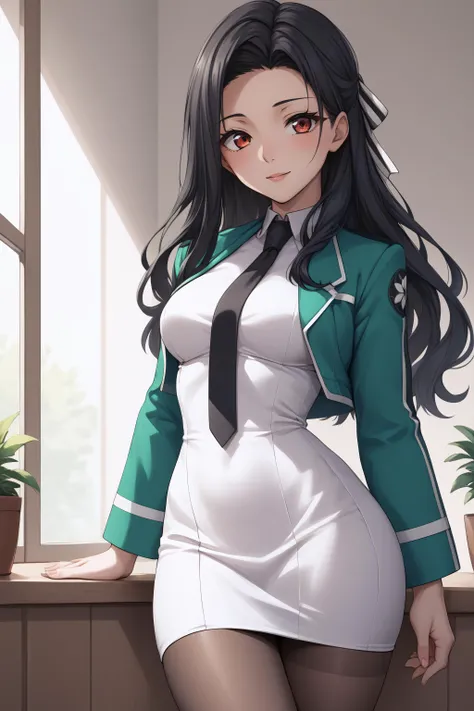 score_9, score_8_up, score_7_up, BREAK source_anime, <lora:Mayumi Saegusa-PonyXL-lora-Faxtron:0.8> mayumi saegusa, long hair, medium breasts, striped ribbon, cropped green jacket, long sleeves, white dress, black necktie, pantyhose,