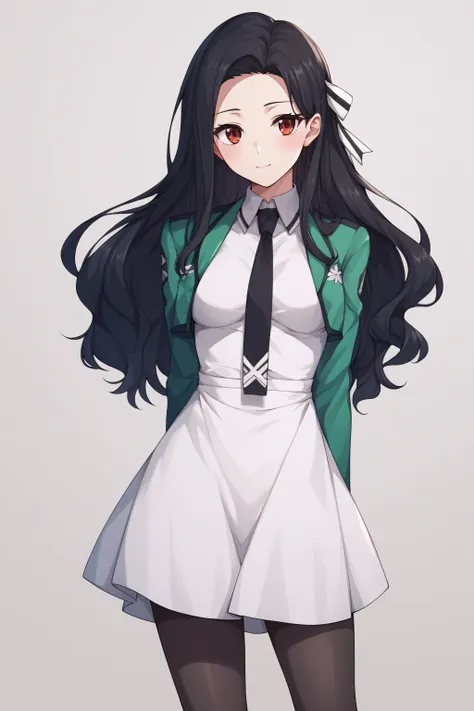 score_9, score_8_up, score_7_up, BREAK source_anime, <lora:Mayumi Saegusa-PonyXL-lora-Faxtron:0.8> mayumi saegusa, long hair, medium breasts, striped ribbon, cropped green jacket, long sleeves, white dress, black necktie, pantyhose,