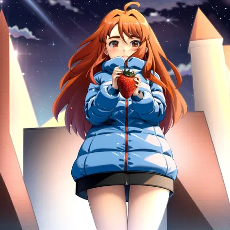 masterpiece:1.5 , best quality, 1girl, long hair, orange hair, blue puffy coat, stars, holding strawberry  <lora:Madeline:0.8> <lora:add_detail:0.7>