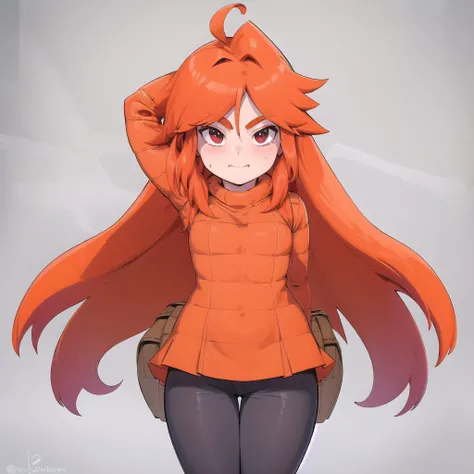 ((best quality)), ((masterpiece)), 1girl, long hair, orange hair, red sweater, arms back, sexy, cute face, <lora:Madeline:0.8>,