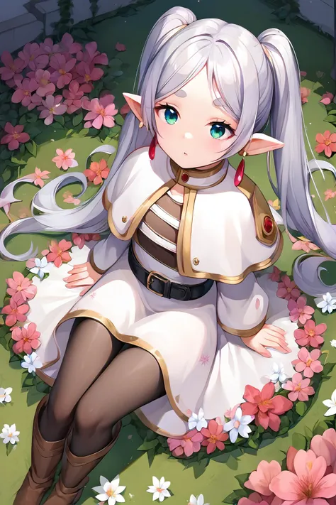 (score_9,score_8_up,score_7_up), (masterpiece), illustration, extremely detailed, dynamic angle, 1girl, frieren, solo, sit on flowers garden, relaxed asleep, green eyes, grey hair, twintails, thick eyebrows, pointy ears, white capelet with long sleeves, earrings, black belt, black pantyhose and brown boots, fl0r4l_1, floral dress, lots of flowers covering all screen, flower dress, impossible amounts of colorful flowers covered all world.
<lora:FrierenXL:1> <lora:Floral_dress_pony:0.35>