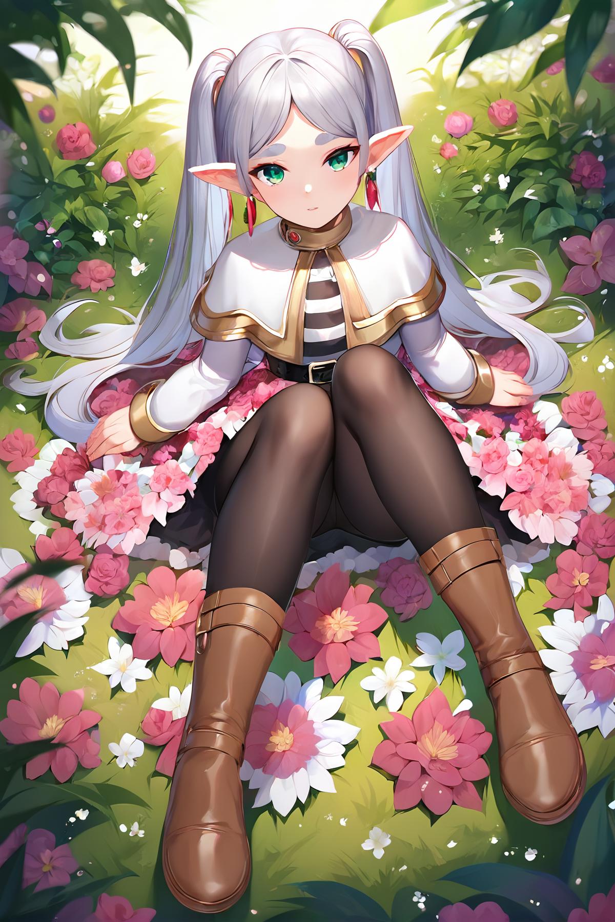 A close up of a person sitting on a flower covered ground - SeaArt AI