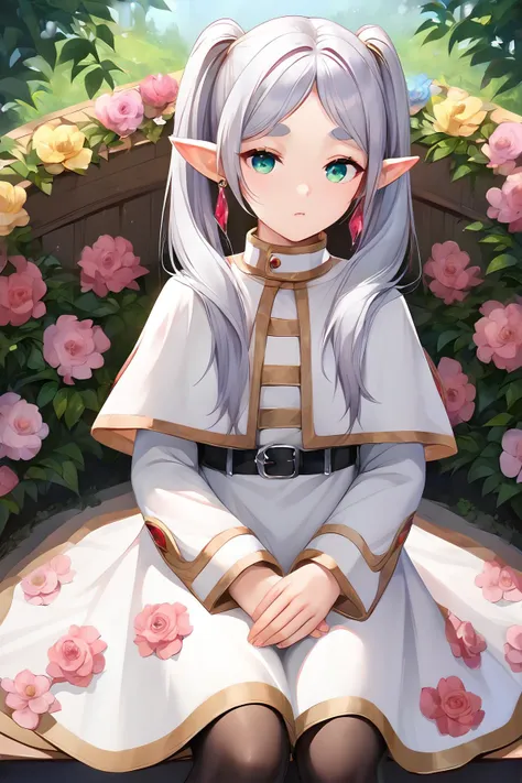 (score_9,score_8_up,score_7_up), (masterpiece), illustration, extremely detailed, dynamic angle, 1girl, frieren, solo, sit on flowers garden, relaxed asleep, green eyes, grey hair, twintails, thick eyebrows, pointy ears, white capelet with long sleeves, earrings, black belt, black pantyhose and brown boots, fl0r4l_1, floral dress, lots of flowers covering all screen, flower dress, impossible amounts of colorful flowers covered all world.
<lora:FrierenXL:1> <lora:Floral_dress_pony:0.35>