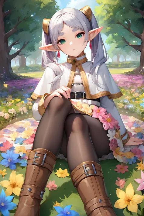 (score_9,score_8_up,score_7_up), (masterpiece), illustration, extremely detailed, dynamic angle, 1girl, frieren, solo, sit on flowers garden, relaxed asleep, green eyes, grey hair, twintails, thick eyebrows, pointy ears, white capelet with long sleeves, earrings, black belt, black pantyhose and brown boots, fl0r4l_1, floral dress, lots of flowers covering all screen, flower dress, impossible amounts of colorful flowers covered all world.
<lora:FrierenXL:1> <lora:Floral_dress_pony:0.35>