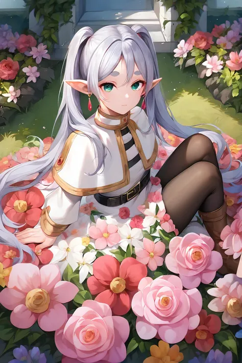 (score_9,score_8_up,score_7_up), (masterpiece), illustration, extremely detailed, dynamic angle, 1girl, frieren, solo, sit on flowers garden, relaxed asleep, green eyes, grey hair, twintails, thick eyebrows, pointy ears, white capelet with long sleeves, earrings, black belt, black pantyhose and brown boots, fl0r4l_1, floral dress, lots of flowers covering all screen, flower dress, impossible amounts of colorful flowers covered all world.
<lora:FrierenXL:1> <lora:Floral_dress_pony:0.35>