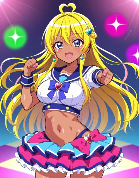 (RED Ribbon on HAIRband:1.2),(Aikatsu idol, Blonde Hair:1.2, elegant and detailed, captivating face, expressive
red eyes, full of charisma and energy, Reverse Cowgirl Position:1.4, Blue Stripe Panties:1.2, taut and curvaceous body, big ass and beautiful ass accentuated, pointy panties revealing the appealing underboob, intricately detailed thighs, shimmering skin, high resolution and best quality, impressive details and sensual allure.)
Amidst the silken glow of the stage lights, an Aikatsu idol with golden blonde hair smiled at the audience, her detailed, expressive blue