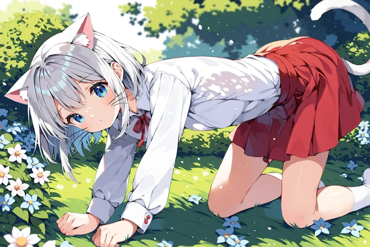 masterpiece, high resolution,
out door, 
from below, straight-on,
(girl:1.2), (solo:1.1),
nurse uniform,
smile, upskirt, nsfw, pussy, ((vagina))
two side up,grey hair,animal ears,white hair,two side up,red_ribbon,red_eye,orange eys,
grey fox tail, bottomless, ((pubic hair)) ,skirt lift by myself