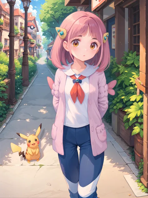 1girl, <lora:ponyxl_character-lacey:0.7>, taro, lacey \(pokemon\), hair ornament, yellow eyes, pink hair,
pink cardigan, striped blue pants, white shirts, neckerchief, pink ribbon,
arms behind back, outdoors, pokemon, pikachu \(Pokemon\), <lora:xl_more_art-full_v1:1>, score_9, score_8_up, score_7_up, score_6_up, score_5_up, score_4_up, <lora:outline_xl_end:-2>