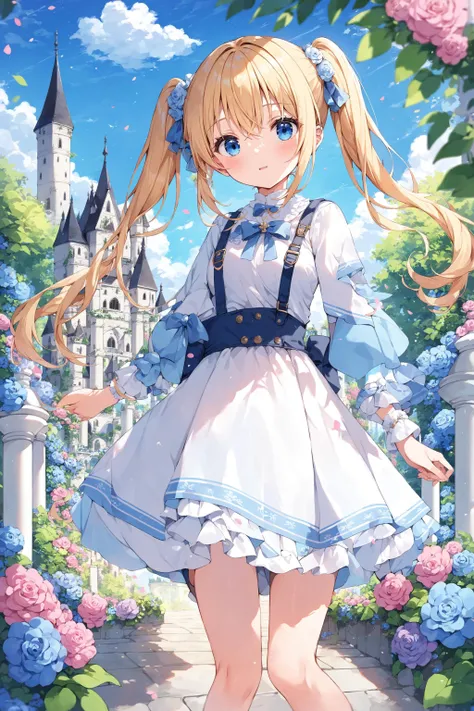 score_9, score_8_up, score_7_up, source_anime, best quality, masterpiece,1girl, cute, blonde hair, twintails, blue eyes, flower garden, castle